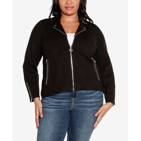 Belldini Black Label Women's Plus Size Motorcycle Sweater Jacket Zip Up Black 2X - Picture 1 of 10